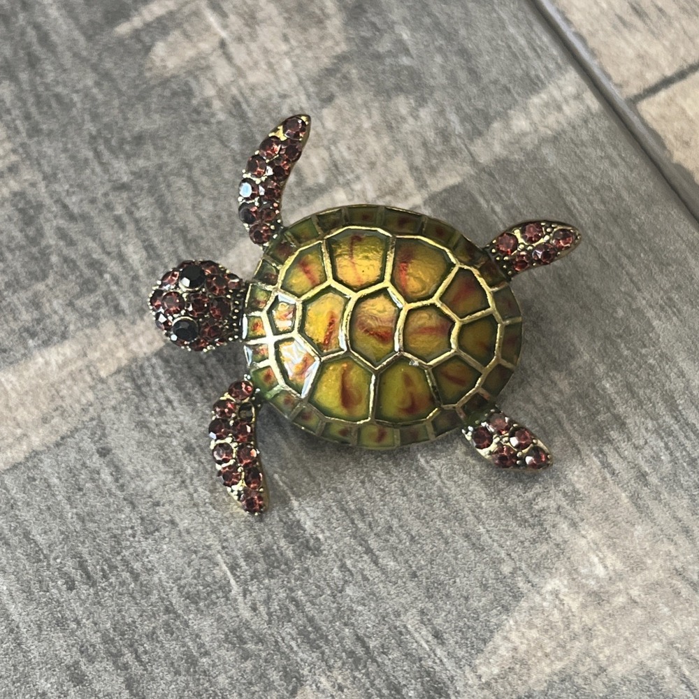 Enamel Sea Turtle Brooch Rhinestone Crystal Gold Ocean Coastal Pin